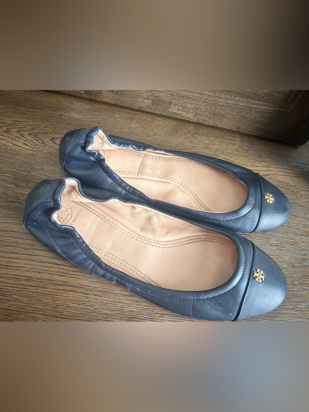 Tory Burch Navy Leather Ballet Flats with Gold Logo